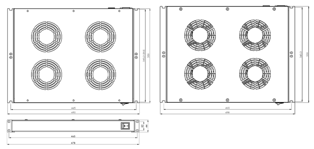 ventilation panel, 4 fans, technical drawing
